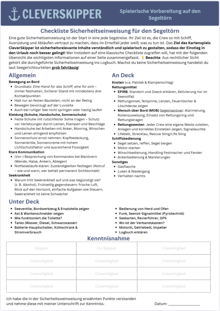 Sicherheitseinweisung Segeln Checkliste PDF